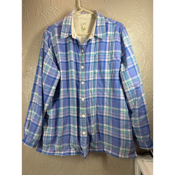 L.L. Bean Fleece Lined Flannel Shirt Womens Blue Plaid Button-Up Shacket Size XL - Picture 1 of 5